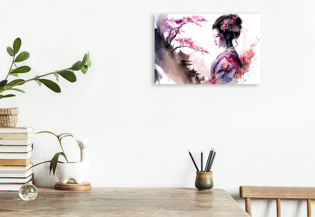 Premium textile canvas A motif from the calendar Geisha Watercolors - Japanese cultural ladies, landscape and sakura 