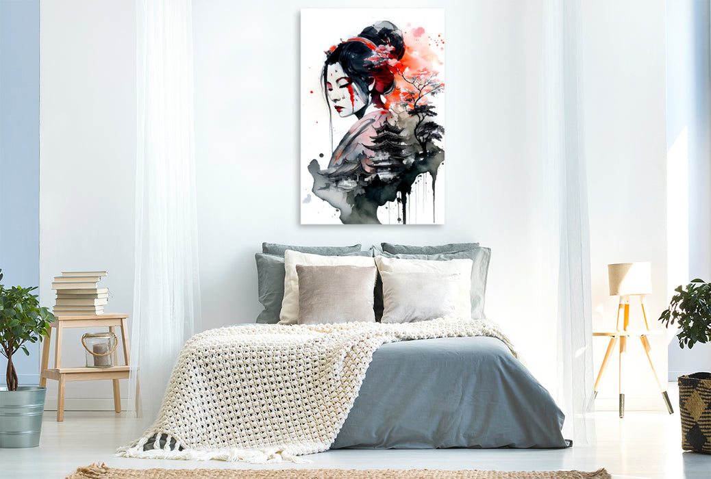 Premium textile canvas Geisha with temple 