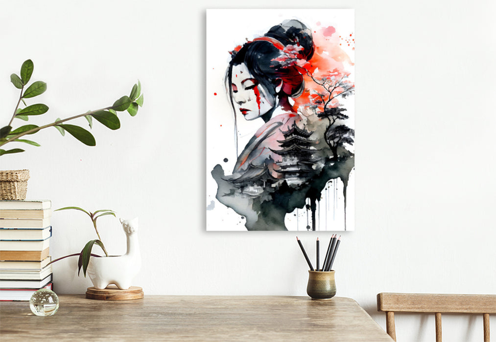 Premium textile canvas Geisha with temple 