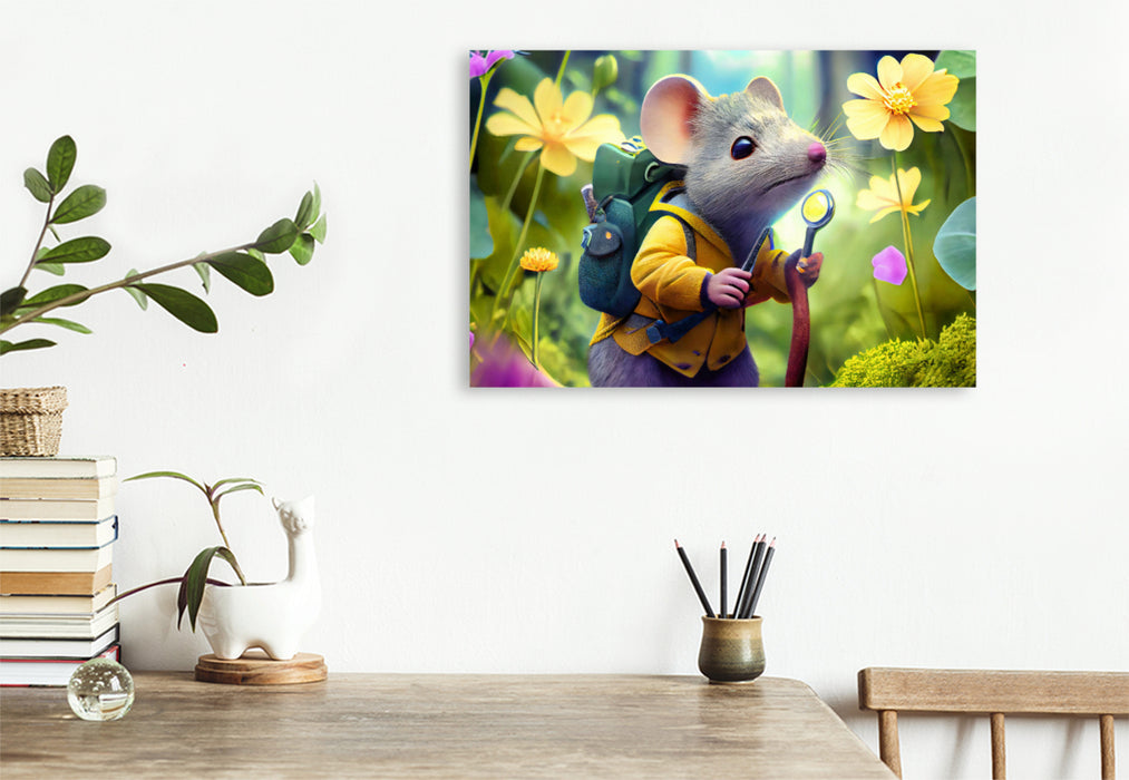 Premium textile canvas With a magnifying glass in the flower meadow 