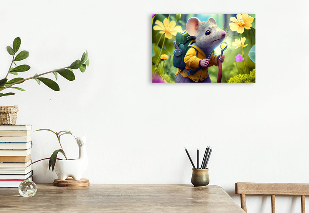 Premium textile canvas With a magnifying glass in the flower meadow 