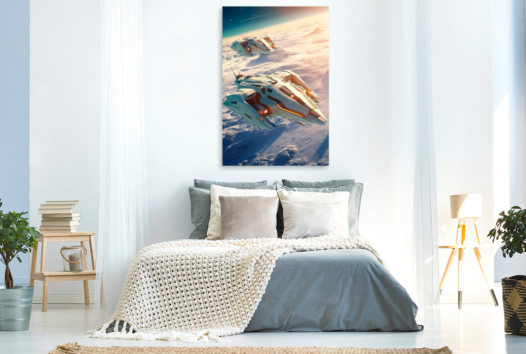 Premium textile canvas spaceships above the clouds 