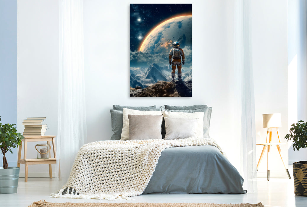 Premium textile canvas summiteer - astronaut on the summit of a foreign mountain 