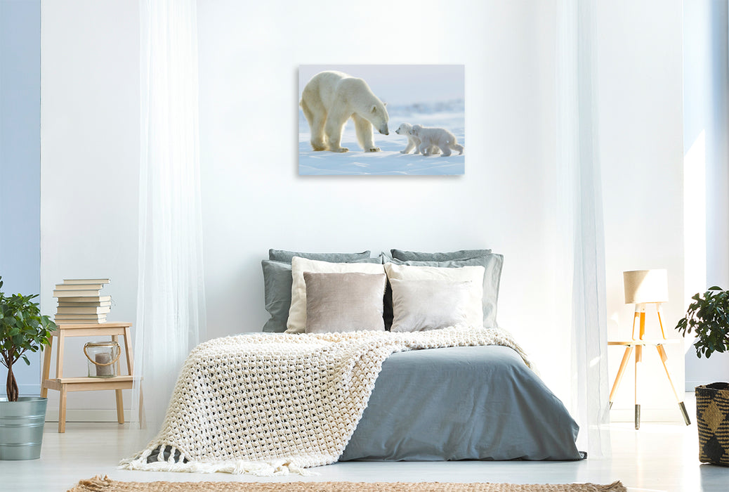 Ours polaire en toile textile premium avec ses deux oursons 