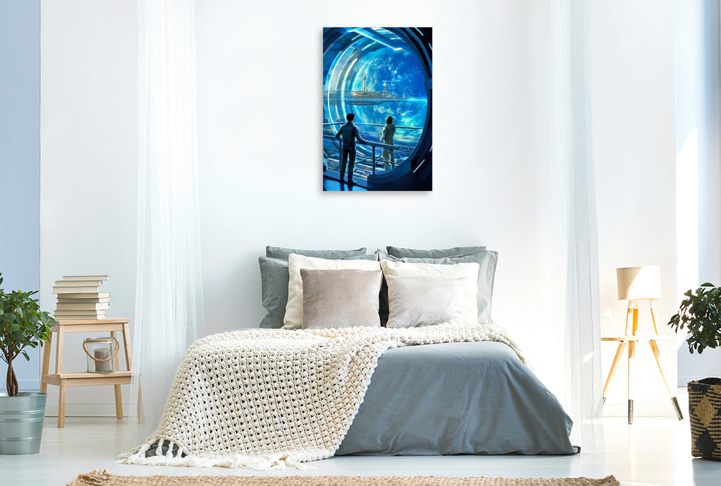 Premium textile canvas space station over a planet 