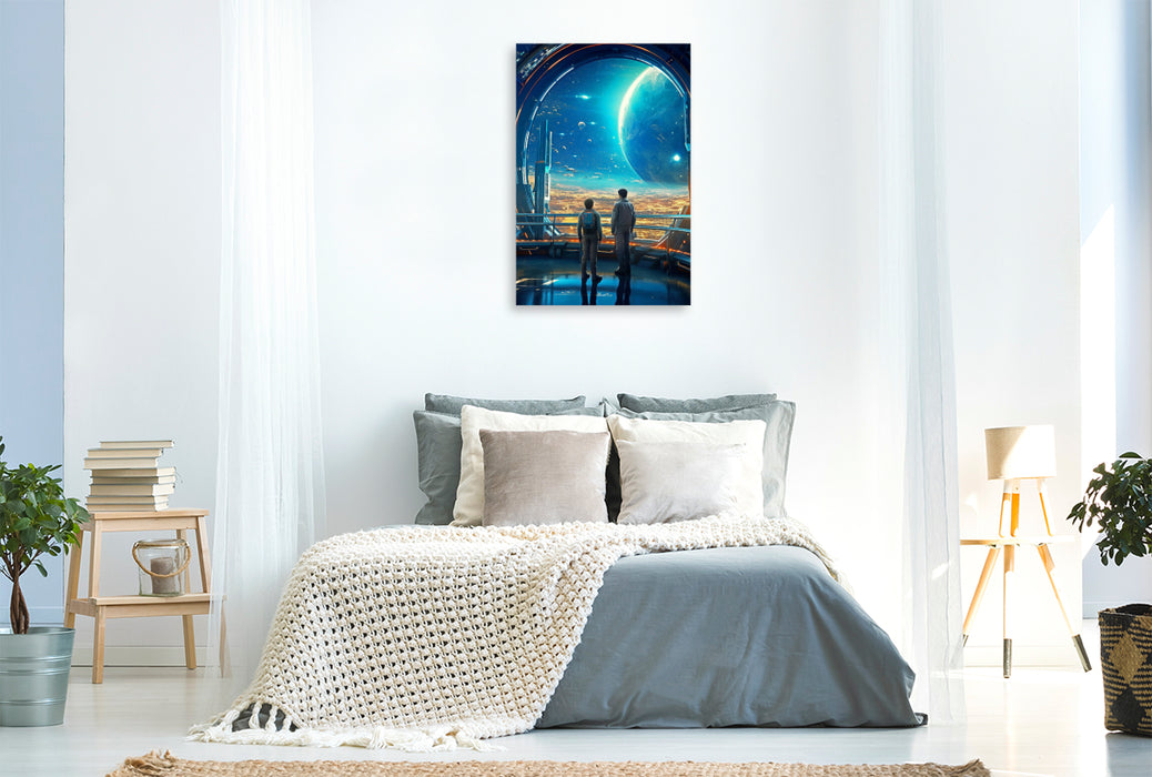 Premium textile canvas father and son on a space station 