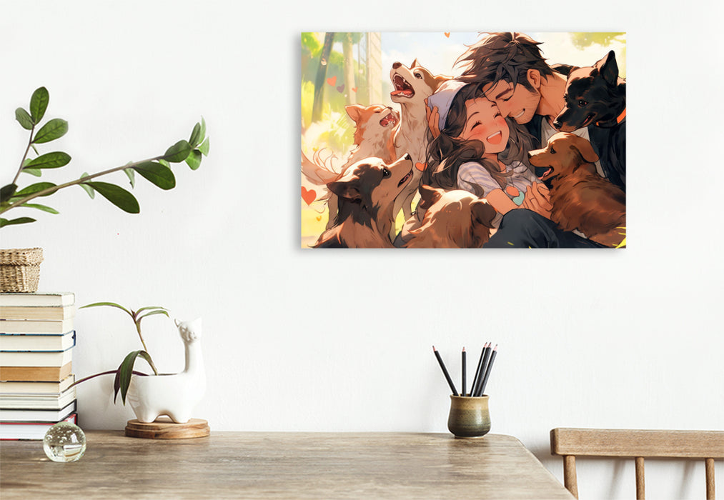 Premium textile canvas Let's take them all with us - manga style couple surrounded by puppies 