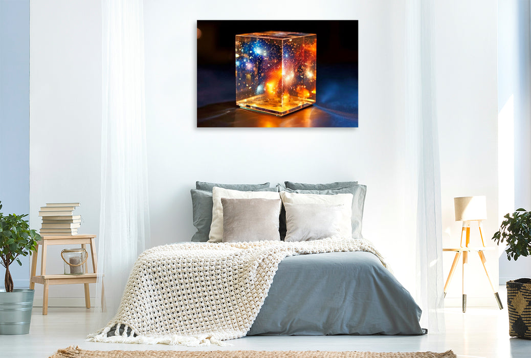 Premium textile canvas universe in a glass cube 