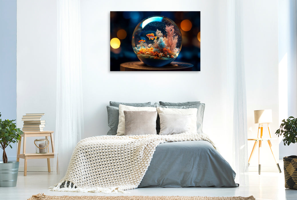 Premium textile canvas coral reef with fish in a glass ball 