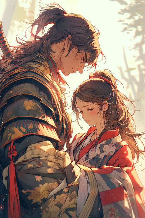 Premium Textil-Leinwand Samurai in Manga Stil - Liebespaar beim Abschied
