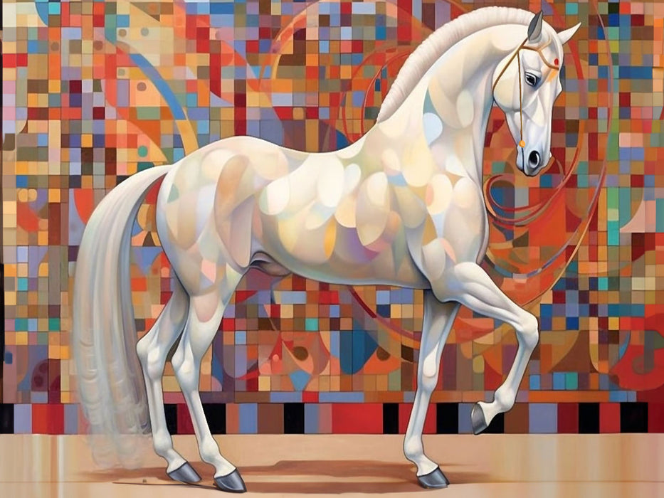Silberweiße Eleganz - Edles weißes Pferd vor Mosaik Hintergrund - CALVENDO Foto-Puzzle'