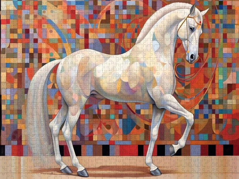 Silberweiße Eleganz - Edles weißes Pferd vor Mosaik Hintergrund - CALVENDO Foto-Puzzle'