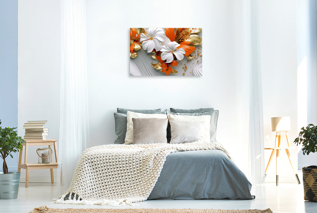 Premium textile canvas Elegant waves - elegant flowers in orange, gold and white 