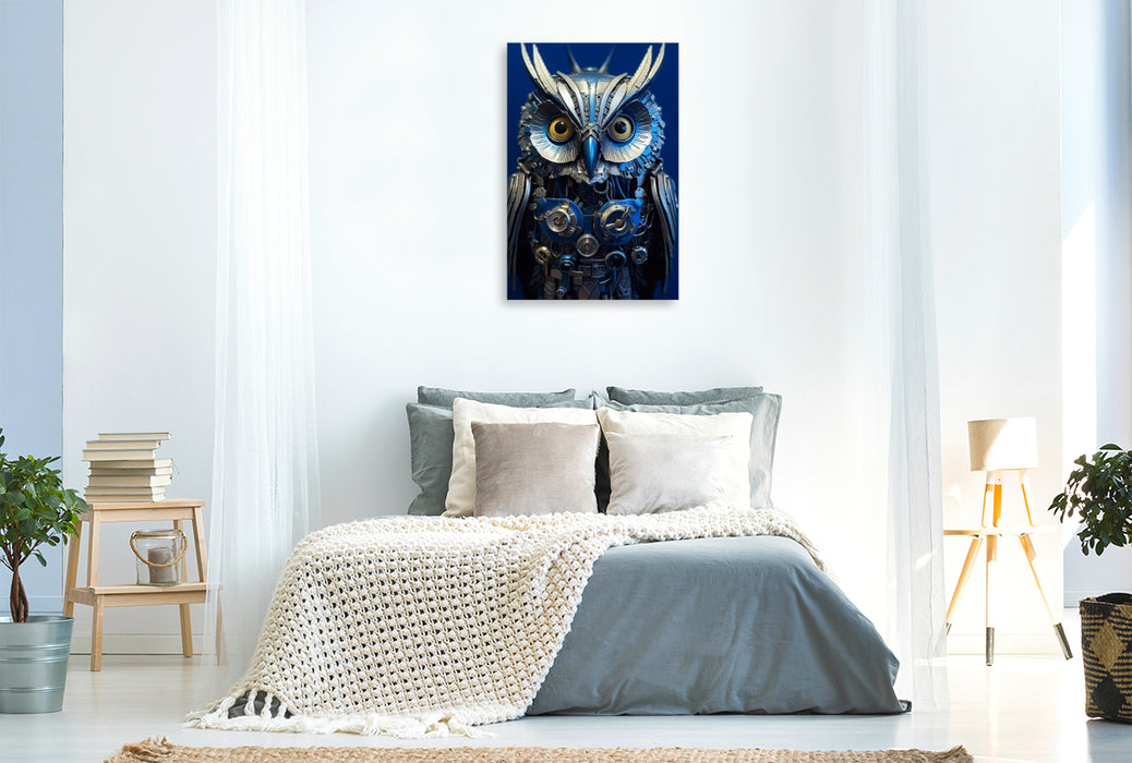 Premium textile canvas owl - cyborg animal in connection with steampunk 