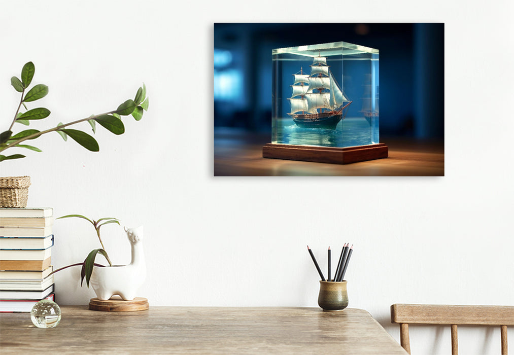 Premium textile canvas sailing ship in a glass cube 