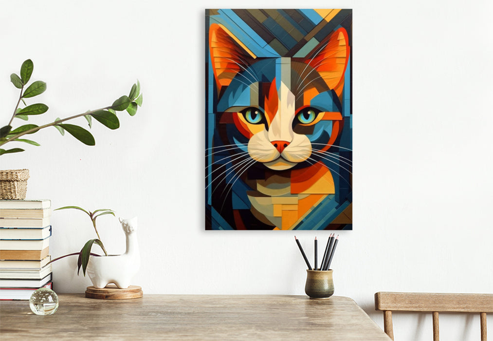 Premium textile canvas cat portrait in a modern art style 