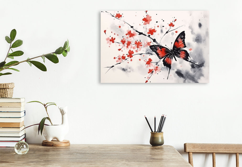 Premium Textil-Leinwand Japanische Tusche Malerei - Schmetterling auf Frühlingsblüten