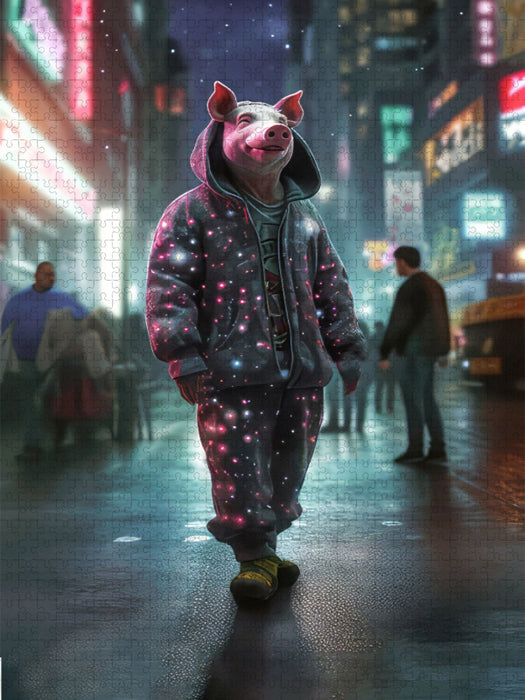 Das Schwein läuft durch eine belebte Straße - CALVENDO Foto-Puzzle'
