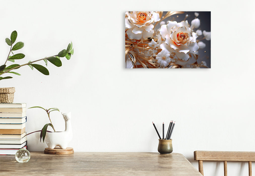 Premium textile canvas Elegant roses in white and gold 