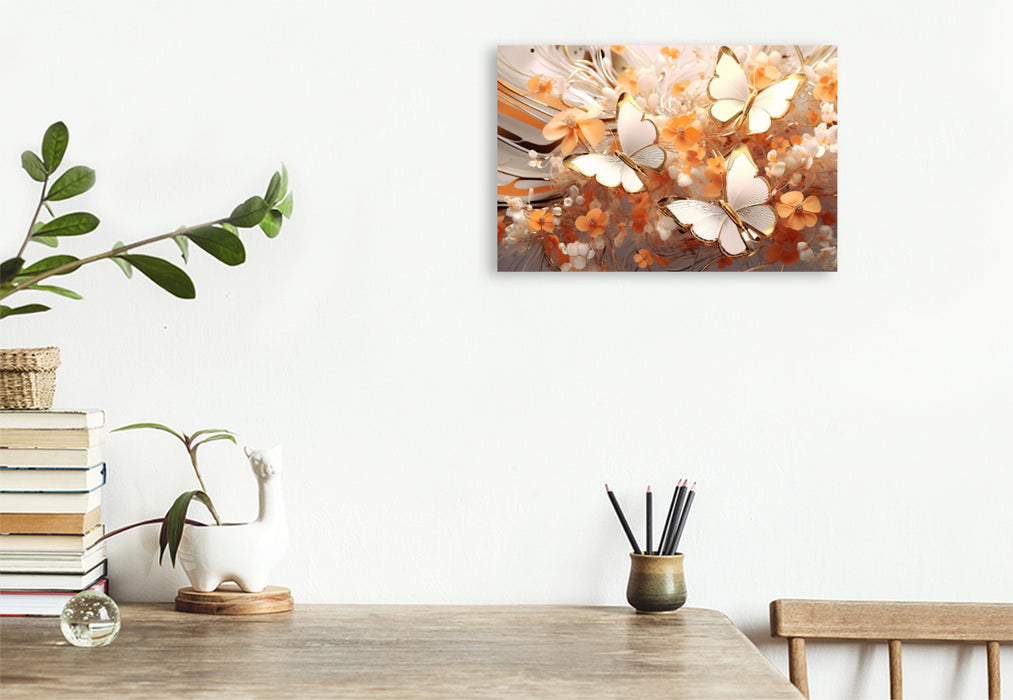 Premium textile canvas butterflies on elegant flowers in orange and gold 