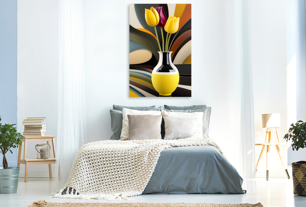 Premium Textil-Leinwand Bunte Tulpen in einer stylischen Vase, erstellt mit KI