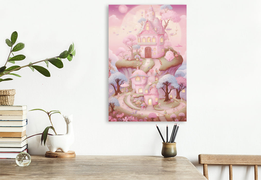 Premium Textil-Leinwand Süße Häuser im rosa Wunderland