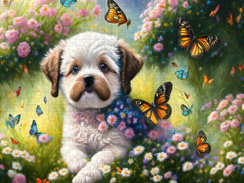 Süßer kleiner Hund mit Schmetterlingen - CALVENDO Foto-Puzzle'
