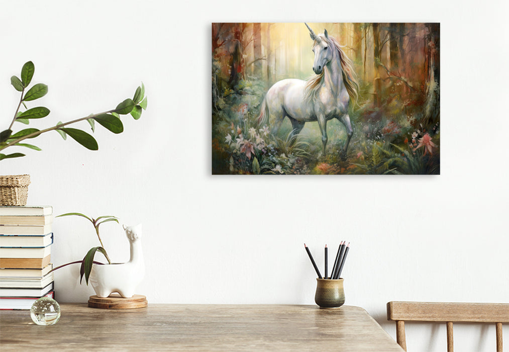 Premium textile canvas unicorn in the autumn forest 