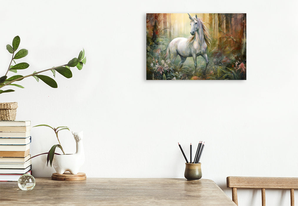 Premium textile canvas unicorn in the autumn forest 