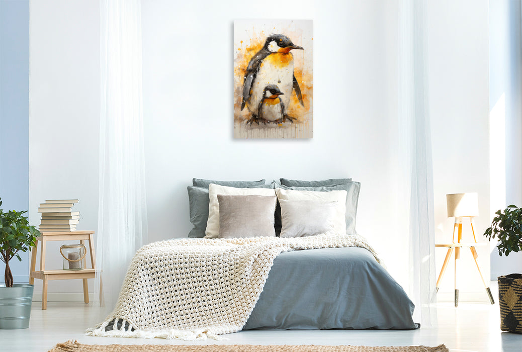 Premium Textil-Leinwand Niedliche Pinguinfamilie in Acrylfarbe