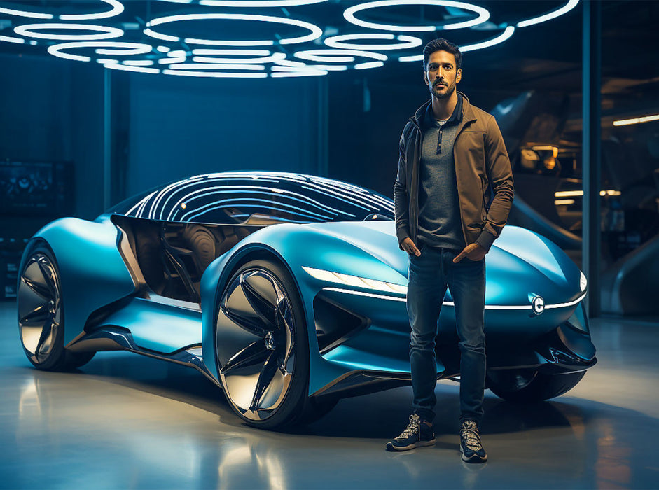 Hypermodernes Konzept Design Auto und junger Mann - CALVENDO Foto-Puzzle'