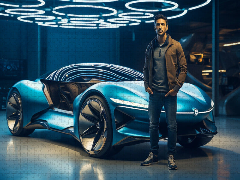 Hypermodernes Konzept Design Auto und junger Mann - CALVENDO Foto-Puzzle'