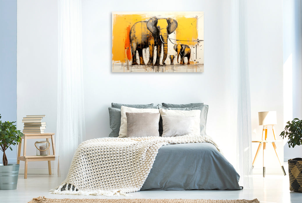 Premium Textil-Leinwand Elefantenfamilie