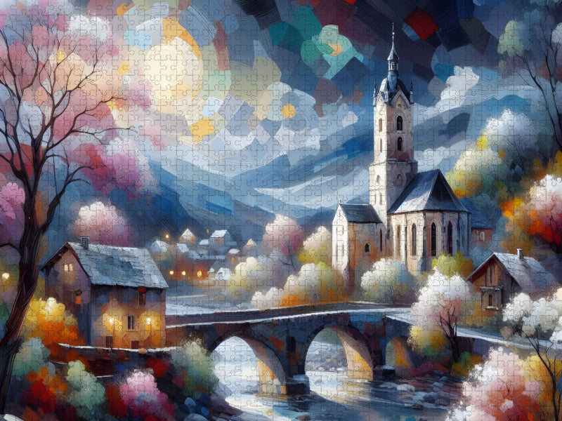 Alte Dorfkirche am Abend, mit Fluss und Steinbrücke. - CALVENDO Foto-Puzzle'