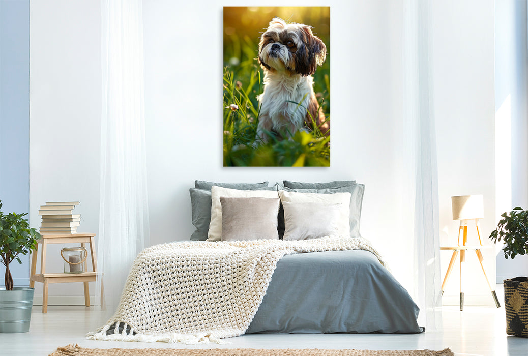 Premium Textil-Leinwand Shih Tzu, soll ich mich im Gras verstecken