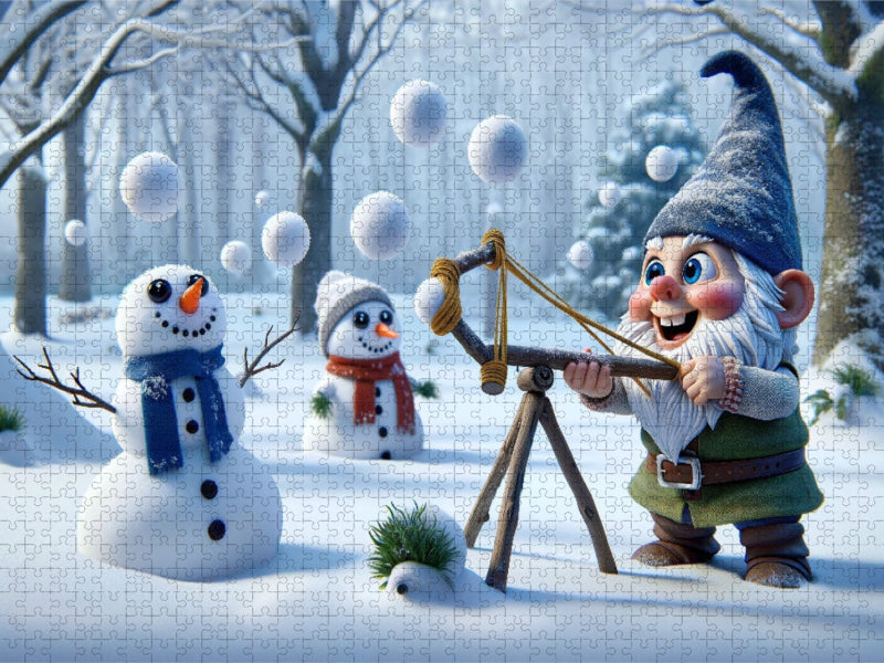 Schelmische Winterfreuden: Ein Gartenzwergs Abenteuer im Schnee - CALVENDO Foto-Puzzle'
