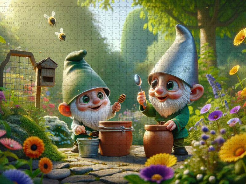 Summendes Zwergenglück: Zwei Imker unter den Gartenbewohnern - CALVENDO Foto-Puzzle'