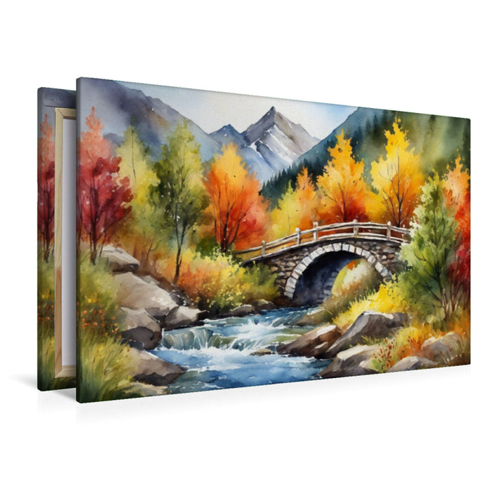 Premium Textil-Leinwand Brücke über einen Bergbach