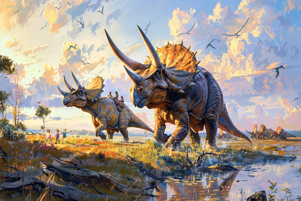 Premium Textil-Leinwand Kinder spielen mit Triceratops Dinosauriern