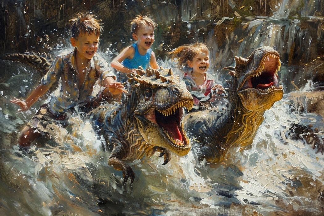 Premium Textil-Leinwand Badespaß Kinder spielen mit Dinosauriern