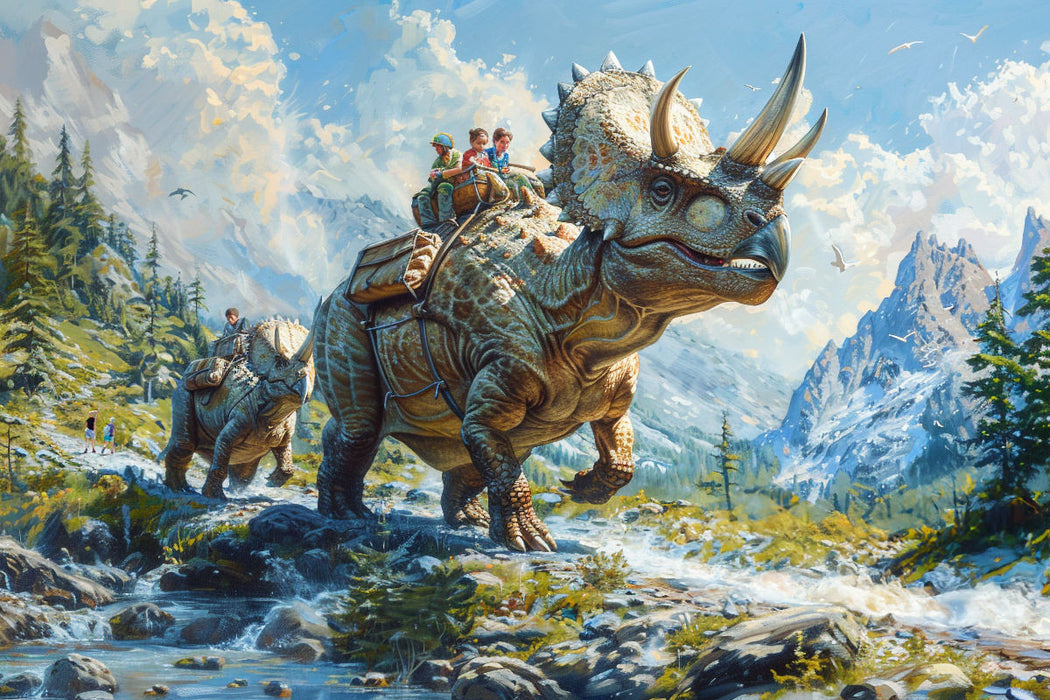 Premium Textil-Leinwand Bergwanderung - Menschen mit Dinosaurier Triceratops