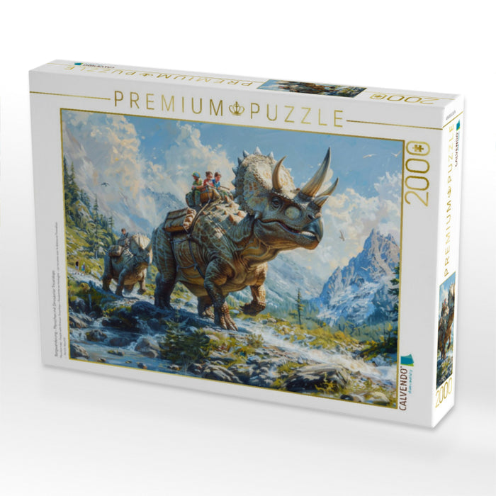 Bergwanderung - Menschen mit Dinosaurier Triceratops - CALVENDO Foto-Puzzle'