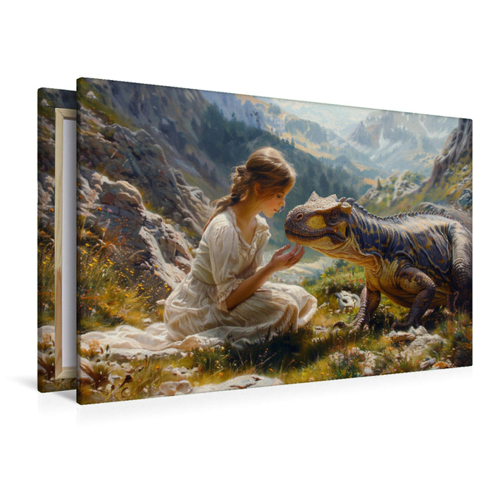 Premium Textil-Leinwand Streicheleinheiten - junge Frau und Dinosaurier