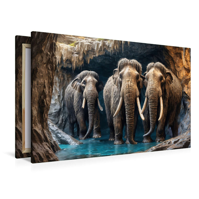 Premium Textil-Leinwand Mammutfamilie im Schutz einer Höhle