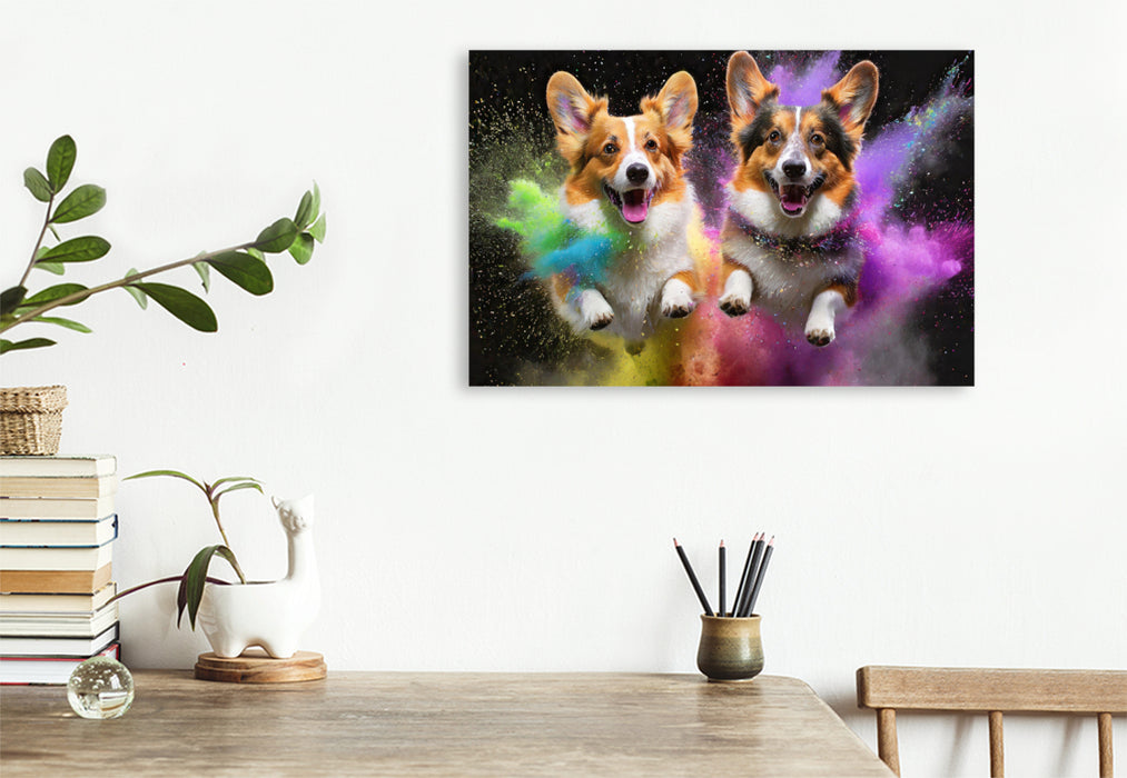 Premium Textil-Leinwand Zwei Welsh Corgi Pembroke springen in einer bunten Holi Pulver Farbwolke