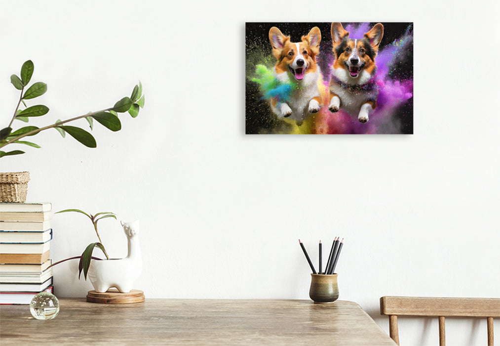 Premium Textil-Leinwand Zwei Welsh Corgi Pembroke springen in einer bunten Holi Pulver Farbwolke