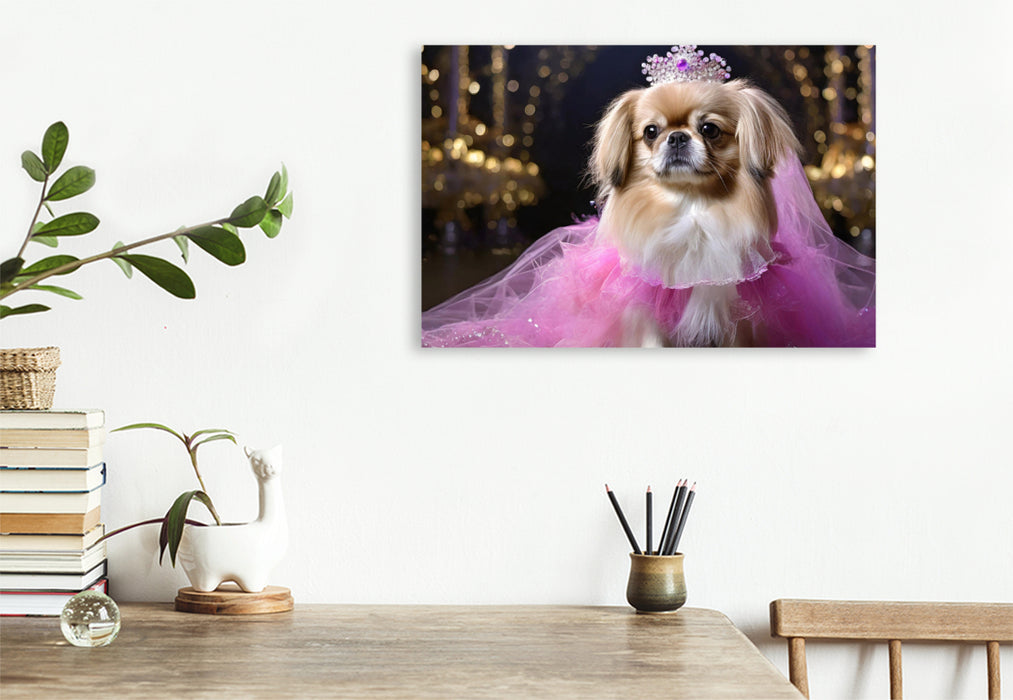 Premium Textil-Leinwand Pekinese trägt pinkfarbenes Abendkleid mit Krone