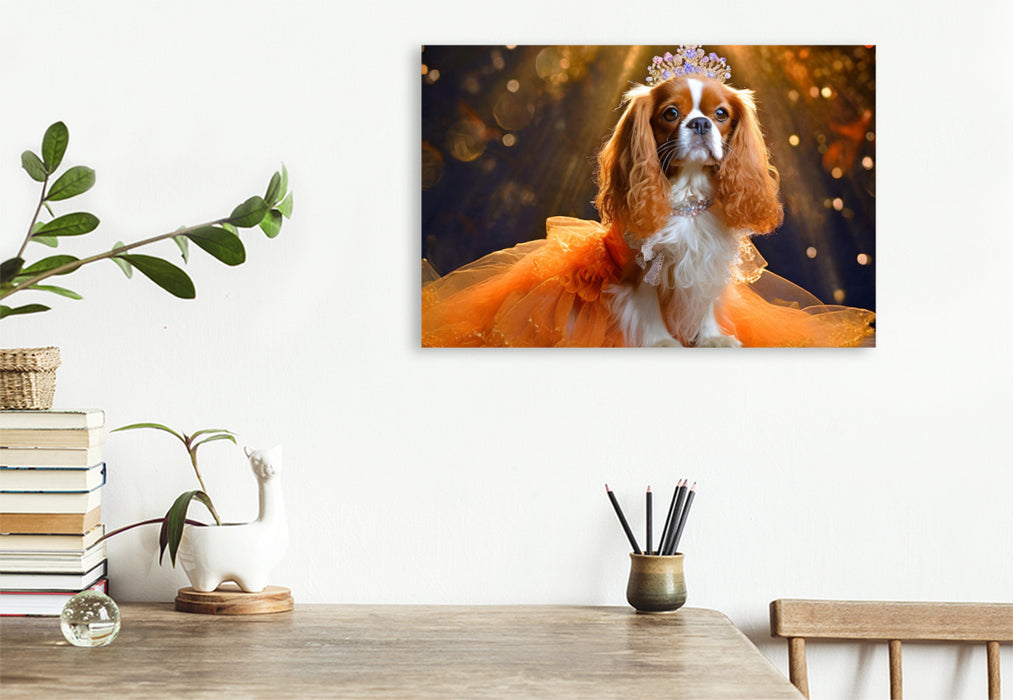 Premium Textil-Leinwand Cavalier King Charles Spaniel trägt orangefarbenes Abendkleid mit Tüll und Krone