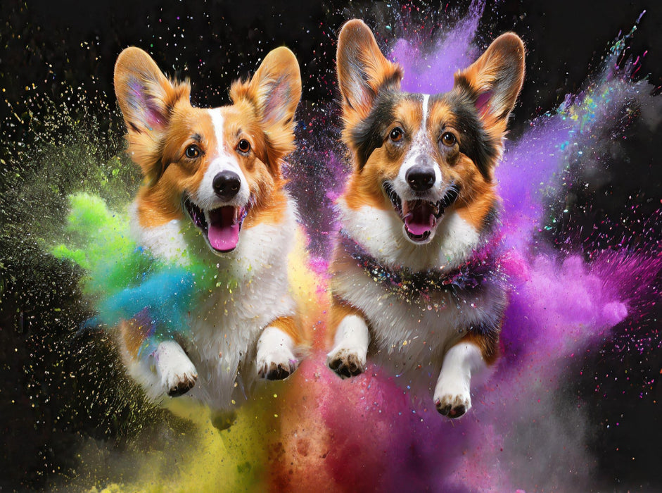 Zwei Welsh Corgi Pembroke springen in einer bunten Holi Pulver Farbwolke - CALVENDO Foto-Puzzle'