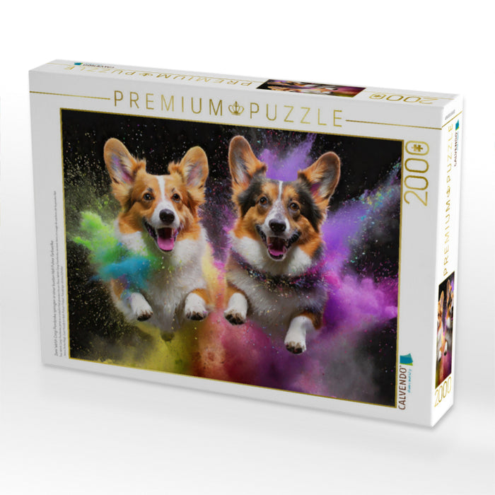 Zwei Welsh Corgi Pembroke springen in einer bunten Holi Pulver Farbwolke - CALVENDO Foto-Puzzle'